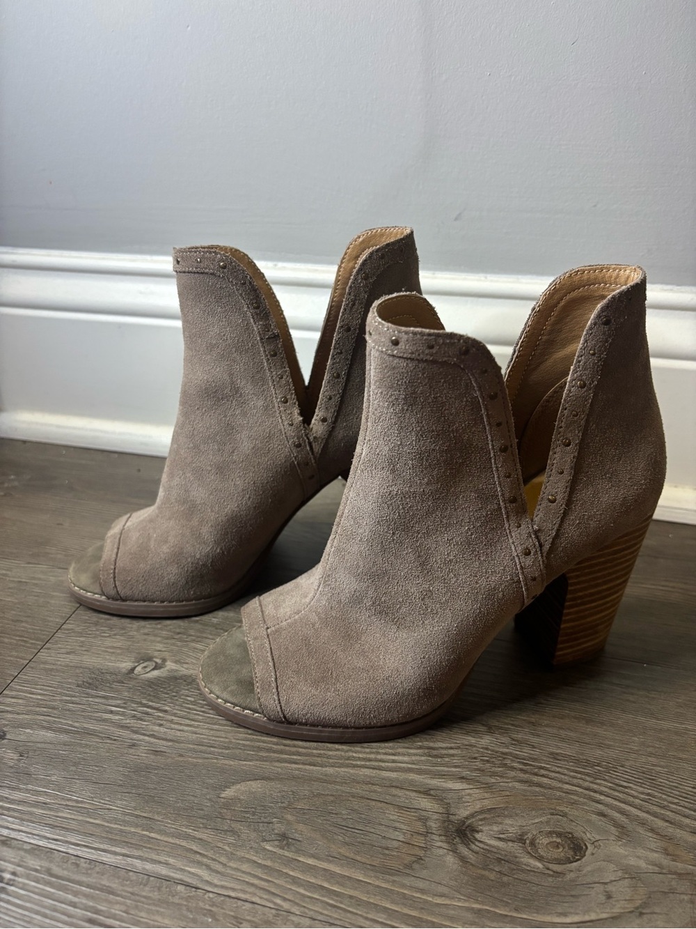 Lucky Brand Taupe Suede Peep-Toe Booties - Stylish Heeled Ankle Shoes